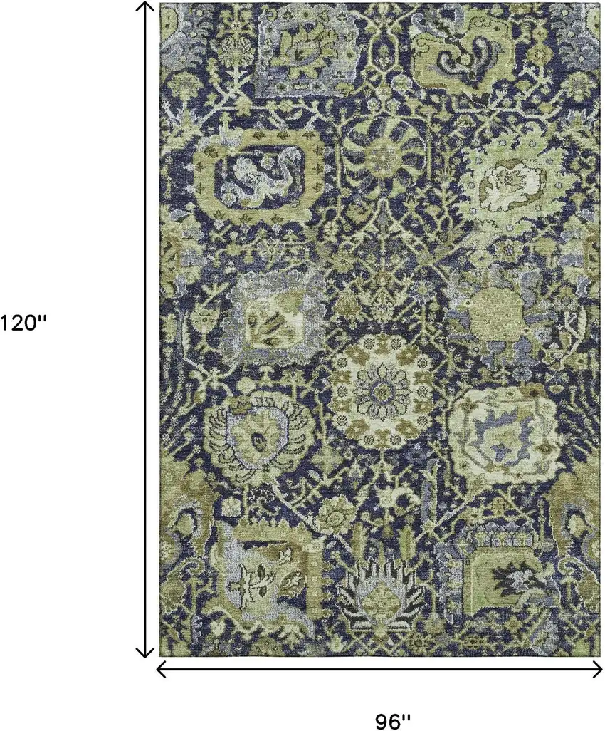8' Fern Green Navy Blue And Ivory Damask Washable Area Rug With UV Protection Photo 8