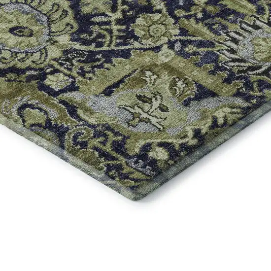 8' Fern Green Navy Blue And Ivory Damask Washable Area Rug With UV Protection Photo 7