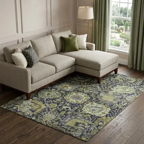 8' Fern Green Navy Blue And Ivory Damask Washable Area Rug With UV Protection Photo 1