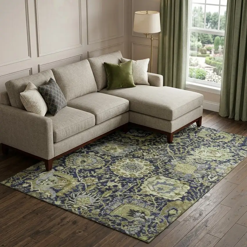 8' Fern Green Navy Blue And Ivory Damask Washable Area Rug With UV Protection Photo 1