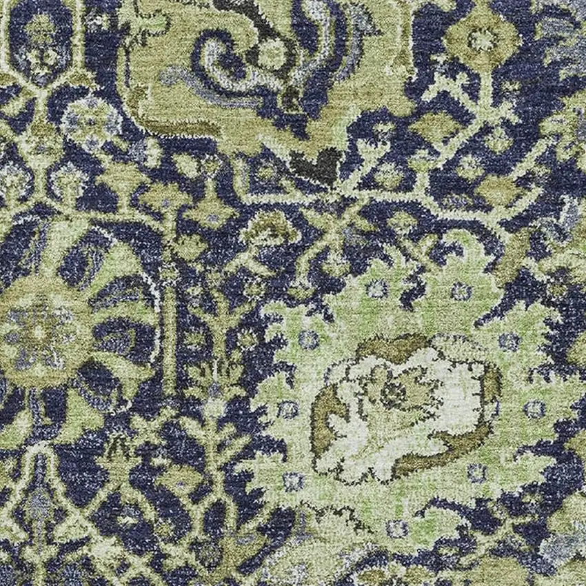 8' Fern Green Navy Blue And Ivory Damask Washable Area Rug With UV Protection Photo 2