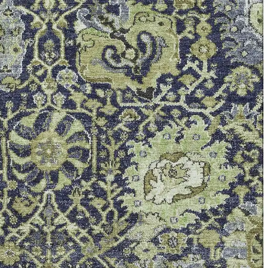 8' Fern Green Navy Blue And Ivory Damask Washable Area Rug With UV Protection Photo 3
