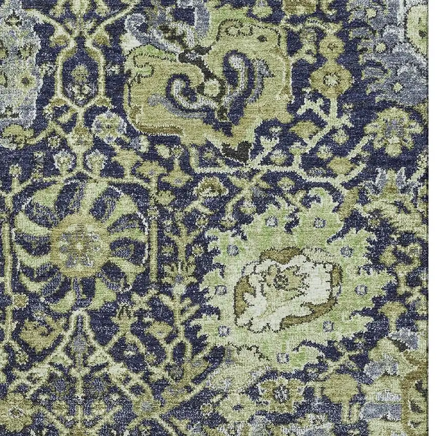 8' Fern Green Navy Blue And Ivory Damask Washable Area Rug With UV Protection Photo 3