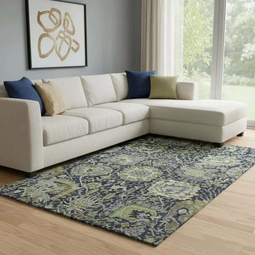 8' Fern Green Navy Blue And Ivory Damask Washable Area Rug With UV Protection Photo 2