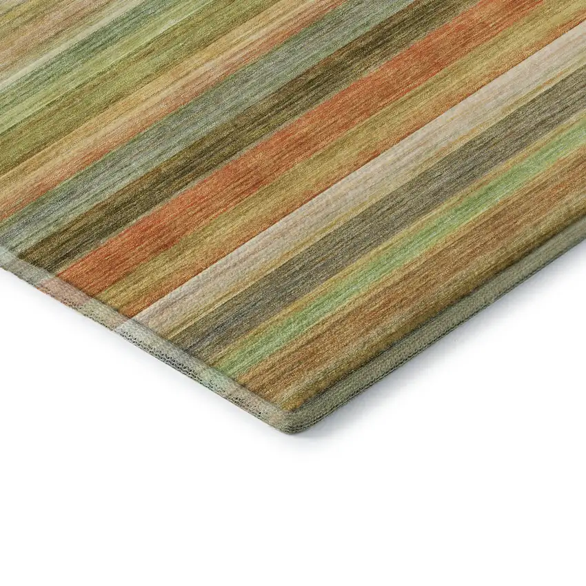 8' Fern Green Orange And Beige Striped Washable Round Rug With UV Protection Photo 7