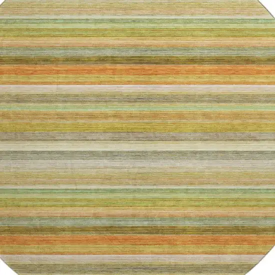 8' Fern Green Orange And Beige Striped Washable Round Rug With UV Protection Photo 3