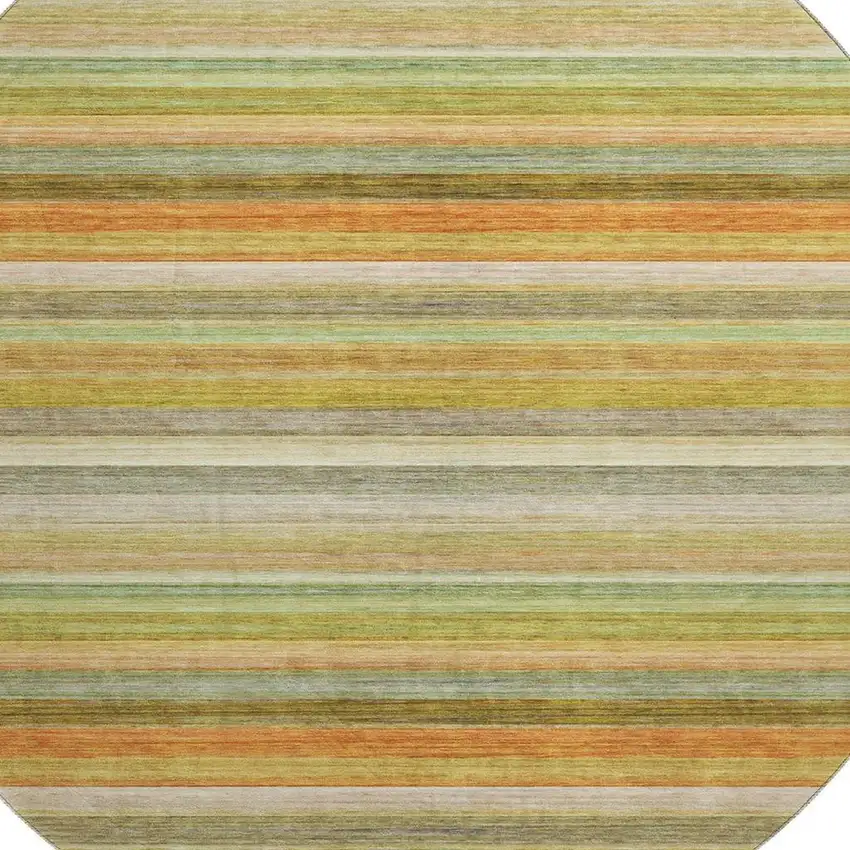 8' Fern Green Orange And Beige Striped Washable Round Rug With UV Protection Photo 3