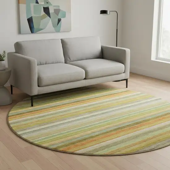 8' Fern Green Orange And Beige Striped Washable Round Rug With UV Protection Photo 2