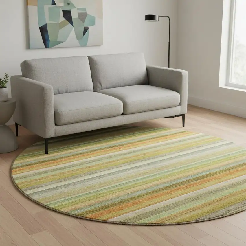 8' Fern Green Orange And Beige Striped Washable Round Rug With UV Protection Photo 2