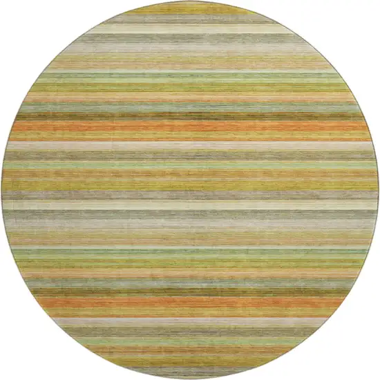 8' Fern Green Orange And Beige Striped Washable Round Rug With UV Protection Photo 1