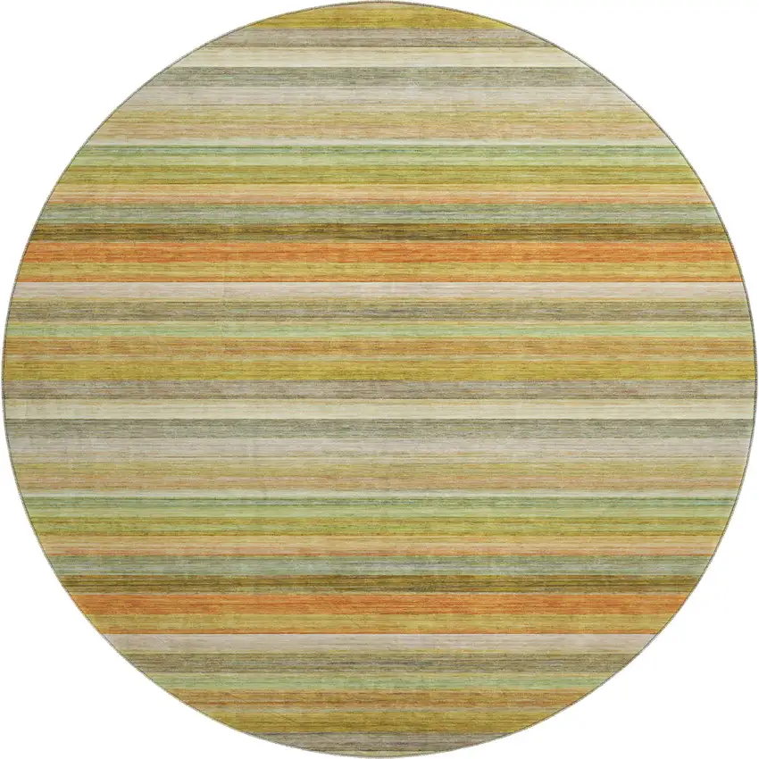 8' Fern Green Orange And Beige Striped Washable Round Rug With UV Protection Photo 1