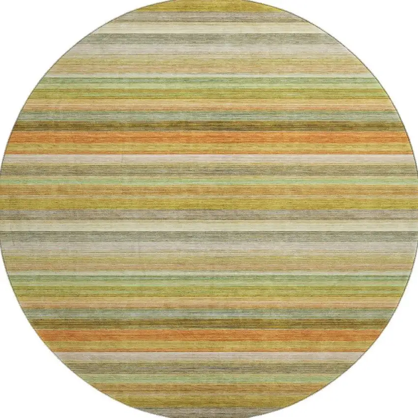8' Fern Green Orange And Beige Striped Washable Round Rug With UV Protection Photo 4
