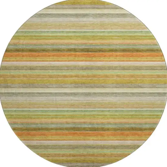 8' Fern Green Orange And Beige Striped Washable Round Rug With UV Protection Photo 4