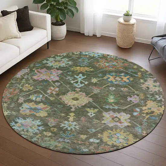 8' Fern Green Pink And Blue Round Floral Washable Indoor Outdoor Area Rug Photo 9