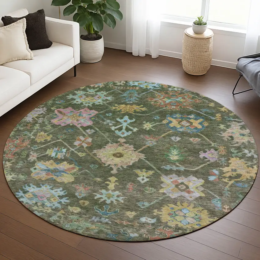 8' Fern Green Pink And Blue Round Floral Washable Indoor Outdoor Area Rug Photo 9