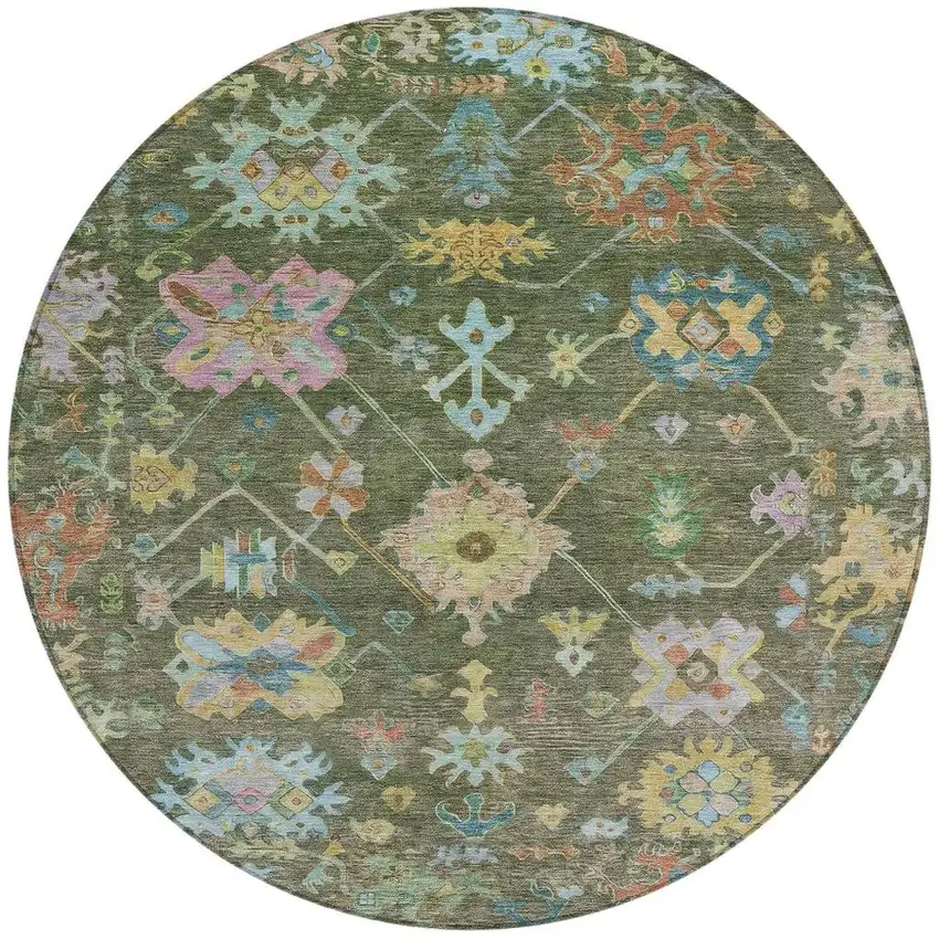 8' Fern Green Pink And Blue Round Floral Washable Indoor Outdoor Area Rug Photo 4