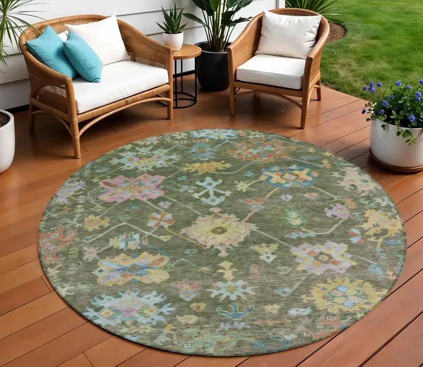 8' Fern Green Pink And Blue Round Floral Washable Indoor Outdoor Area Rug Photo 1