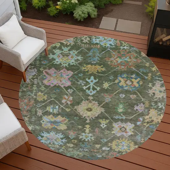 8' Fern Green Pink And Blue Round Floral Washable Indoor Outdoor Area Rug Photo 8