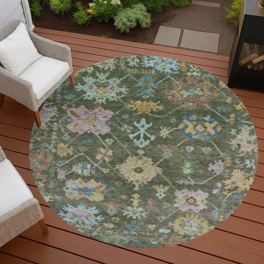 8' Fern Green Pink And Blue Round Floral Washable Indoor Outdoor Area Rug Photo 8