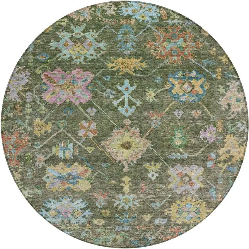 8' Fern Green Pink And Blue Round Floral Washable Indoor Outdoor Area Rug Photo 2
