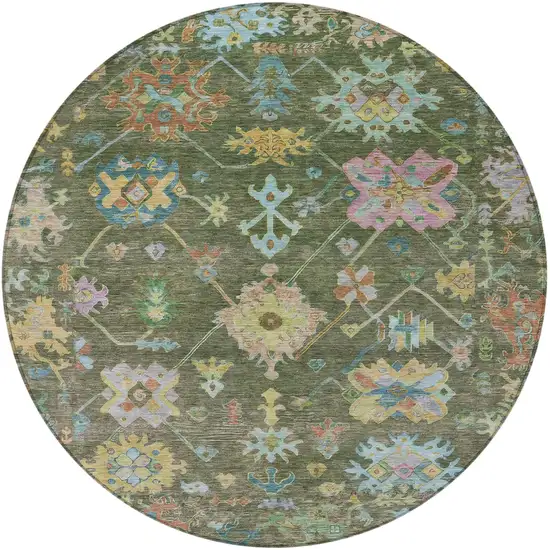 8' Fern Green Pink And Blue Round Floral Washable Indoor Outdoor Area Rug Photo 5