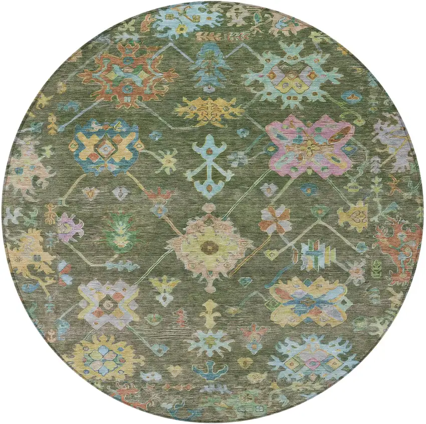8' Fern Green Pink And Blue Round Floral Washable Indoor Outdoor Area Rug Photo 5