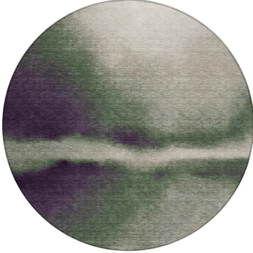 8' Fern Green Purple And Beige Round Abstract Washable Indoor Outdoor Area Rug Photo 3
