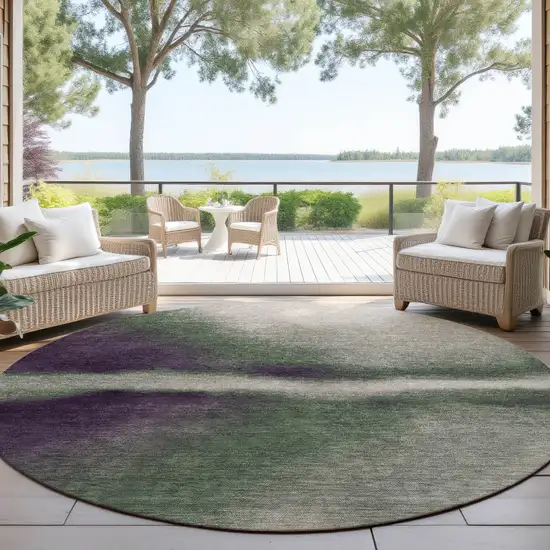8' Fern Green Purple And Beige Round Abstract Washable Indoor Outdoor Area Rug Photo 4