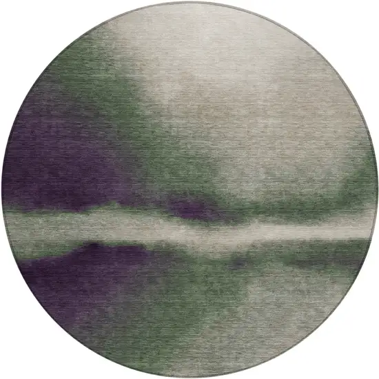 8' Fern Green Purple And Beige Round Abstract Washable Indoor Outdoor Area Rug Photo 1