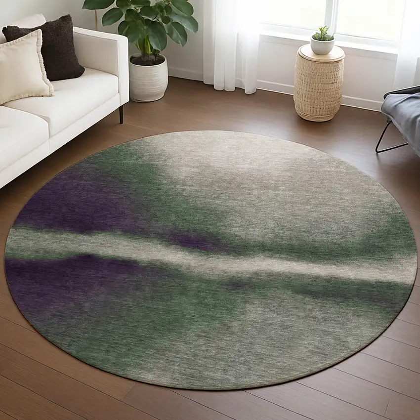 8' Fern Green Purple And Beige Round Abstract Washable Indoor Outdoor Area Rug Photo 5