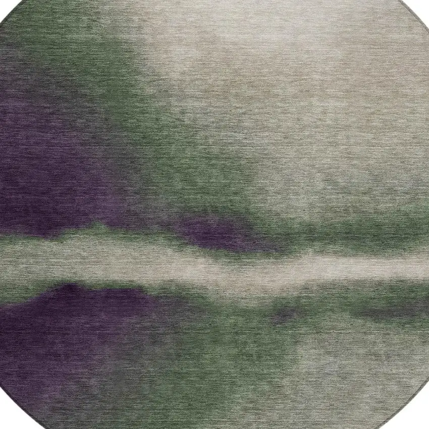 8' Fern Green Purple And Beige Round Abstract Washable Indoor Outdoor Area Rug Photo 2