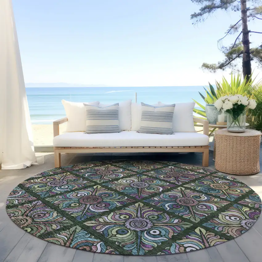 8' Fern Green Purple And Teal Blue Round Medallion Washable Indoor Outdoor Area Rug Photo 6