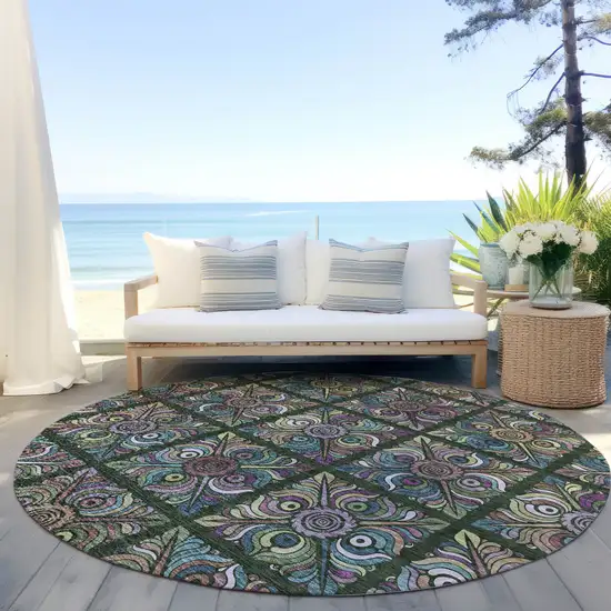 8' Fern Green Purple And Teal Blue Round Medallion Washable Indoor Outdoor Area Rug Photo 6