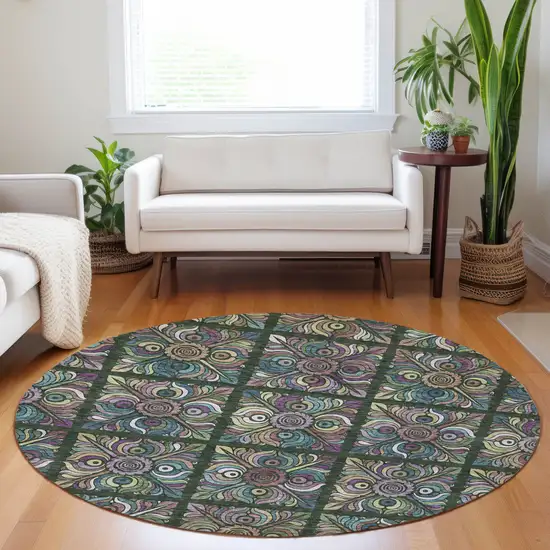 8' Fern Green Purple And Teal Blue Round Medallion Washable Indoor Outdoor Area Rug Photo 7