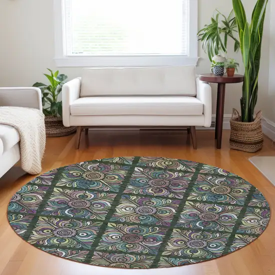 8' Fern Green Purple And Teal Blue Round Medallion Washable Indoor Outdoor Area Rug Photo 7