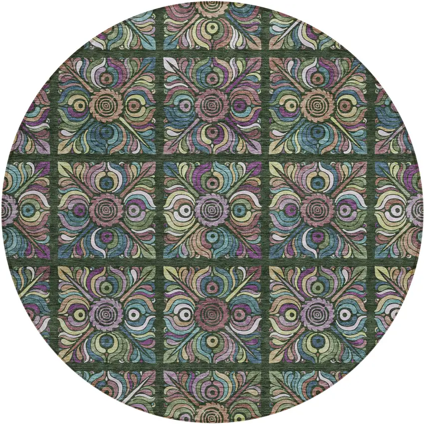 8' Fern Green Purple And Teal Blue Round Medallion Washable Indoor Outdoor Area Rug Photo 2