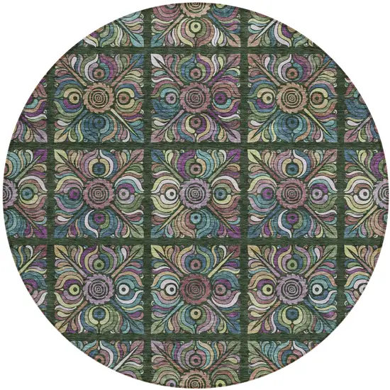 8' Fern Green Purple And Teal Blue Round Medallion Washable Indoor Outdoor Area Rug Photo 2