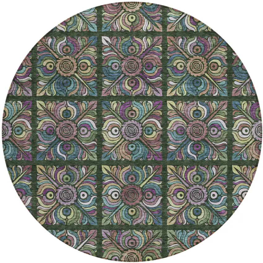 8' Fern Green Purple And Teal Blue Round Medallion Washable Indoor Outdoor Area Rug Photo 2