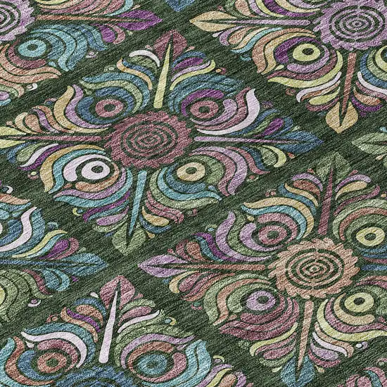 8' Fern Green Purple And Teal Blue Round Medallion Washable Indoor Outdoor Area Rug Photo 8