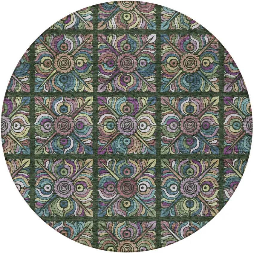 8' Fern Green Purple And Teal Blue Round Medallion Washable Indoor Outdoor Area Rug Photo 5
