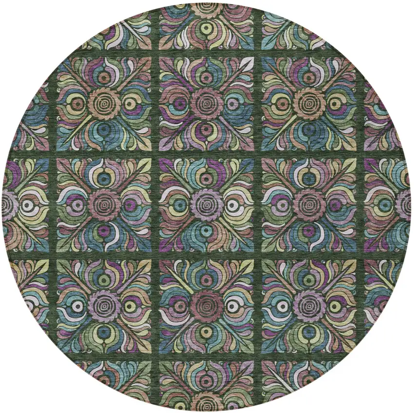 8' Fern Green Purple And Teal Blue Round Medallion Washable Indoor Outdoor Area Rug Photo 5