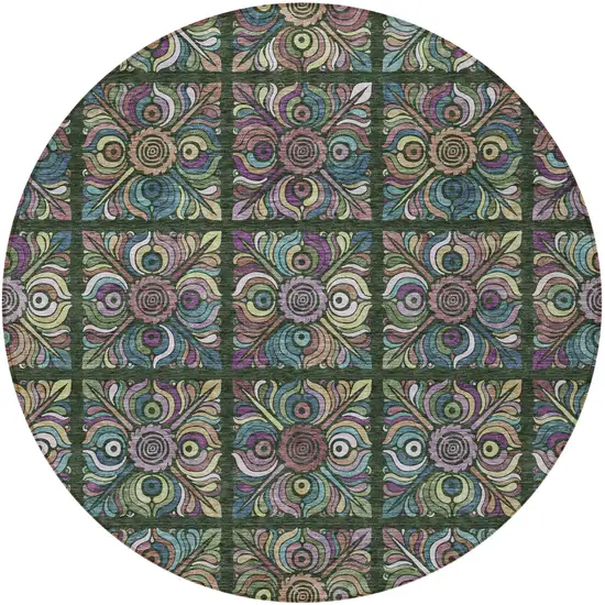 8' Fern Green Purple And Teal Blue Round Medallion Washable Indoor Outdoor Area Rug Photo 5