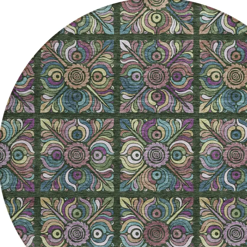 8' Fern Green Purple And Teal Blue Round Medallion Washable Indoor Outdoor Area Rug Photo 4