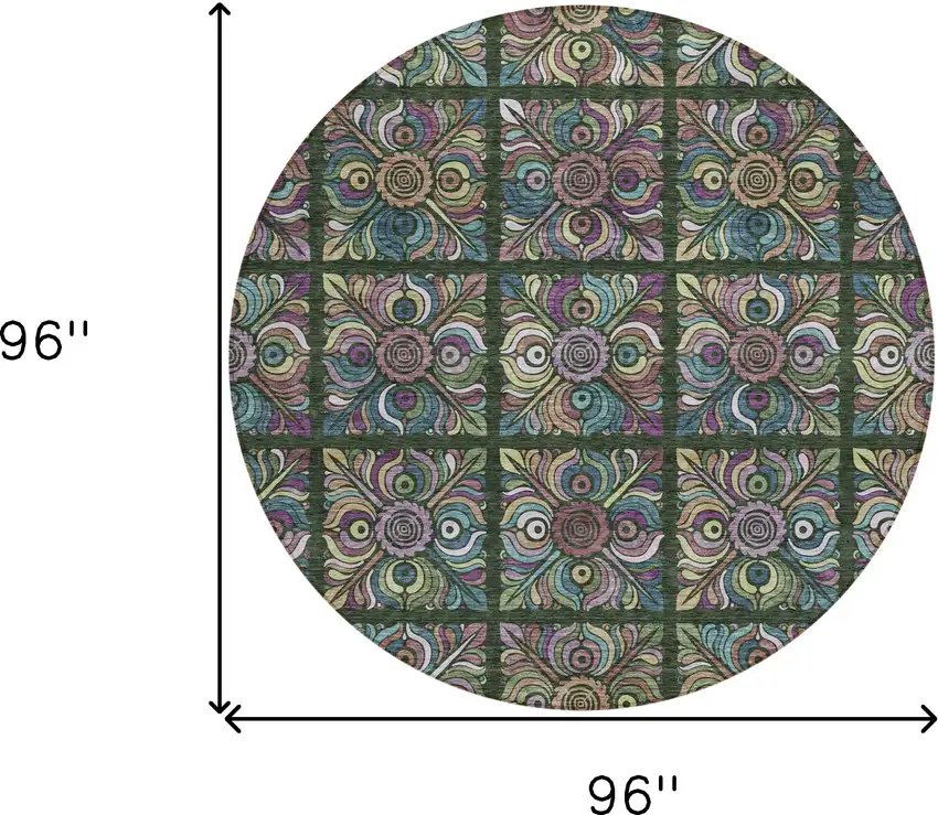 8' Fern Green Purple And Teal Blue Round Medallion Washable Indoor Outdoor Area Rug Photo 3