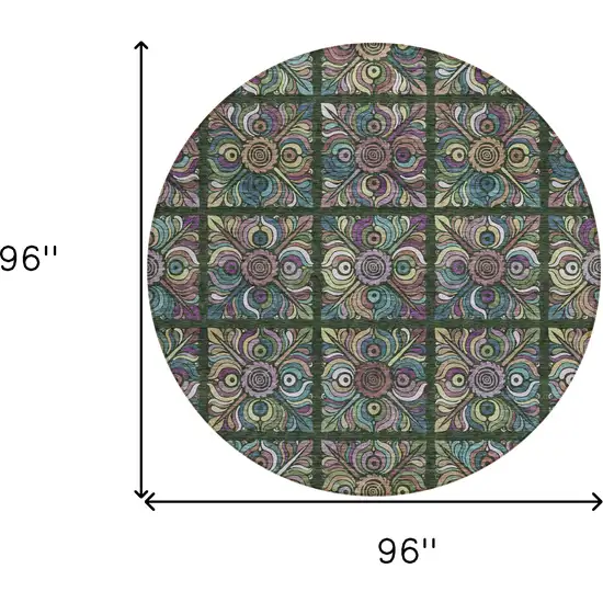 8' Fern Green Purple And Teal Blue Round Medallion Washable Indoor Outdoor Area Rug Photo 3