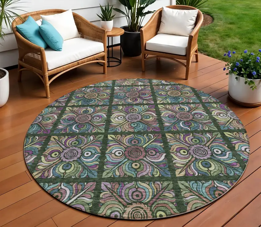 8' Fern Green Purple And Teal Blue Round Medallion Washable Indoor Outdoor Area Rug Photo 1