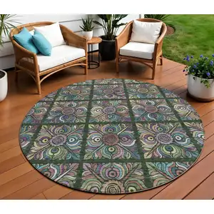Photo of 8' Fern Green Purple And Teal Blue Round Medallion Washable Indoor Outdoor Area Rug