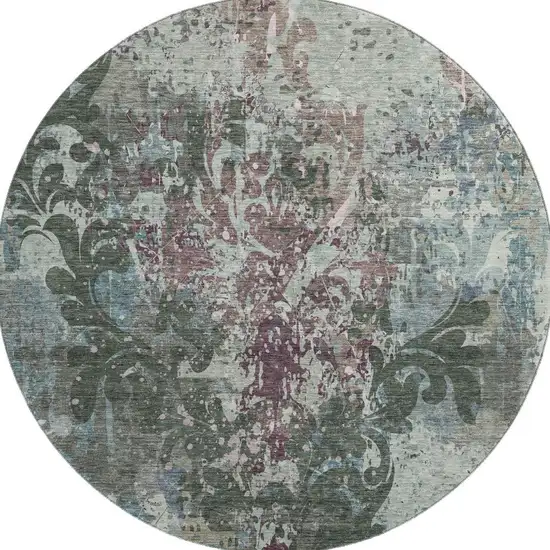 8' Fern Green Purple And Teal Damask Washable Round Rug With UV Protection Photo 3