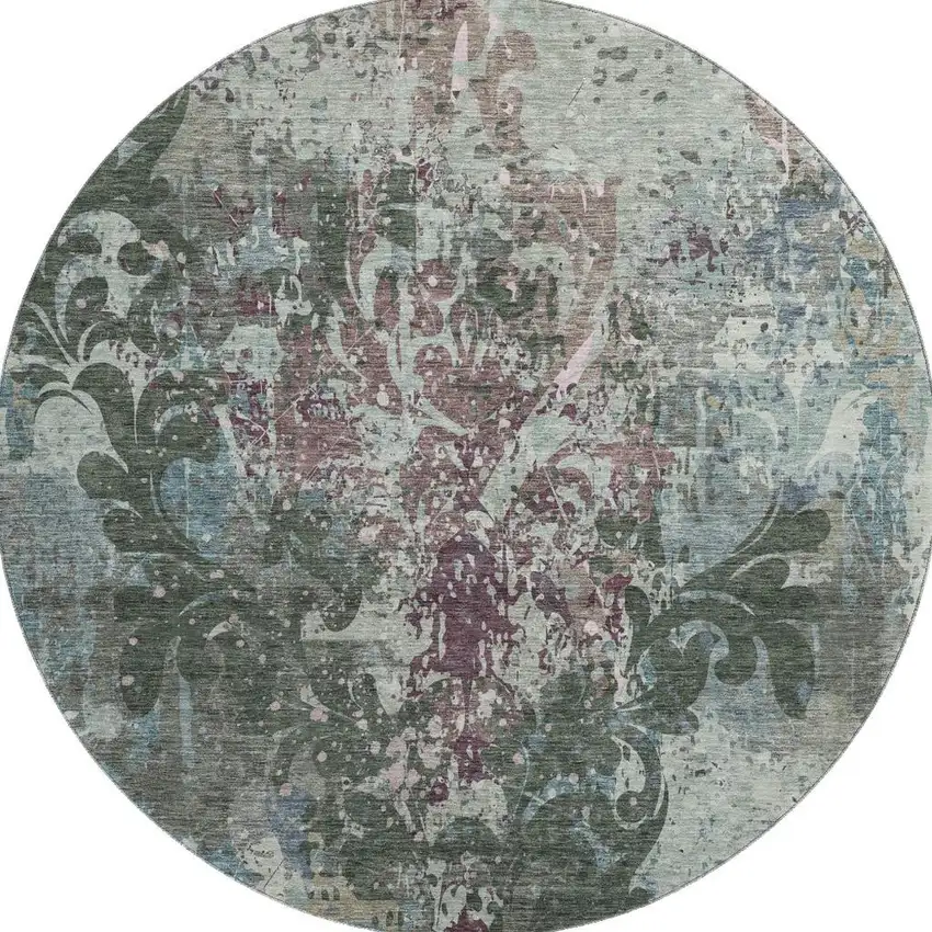 8' Fern Green Purple And Teal Damask Washable Round Rug With UV Protection Photo 3