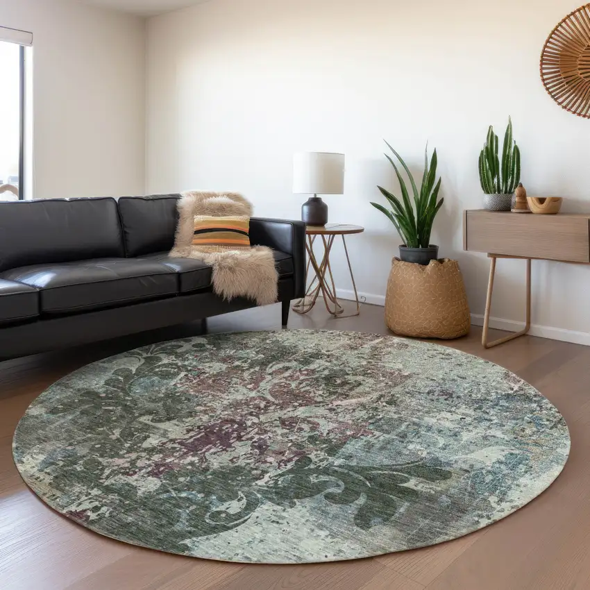 8' Fern Green Purple And Teal Damask Washable Round Rug With UV Protection Photo 4